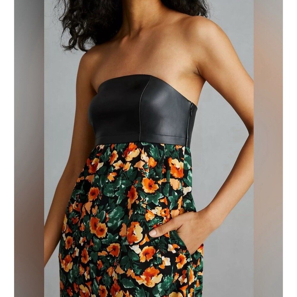 Anthropologie Mare Mare Faux Leather Floral Maxi Dress Side Slit Strapless L NWT - Picture 3 of 14